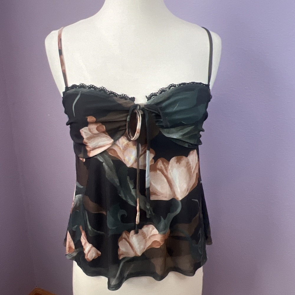 Vintage Chocolate USA Black Floral Mesh Coquette Cami Top Lace Trim Y2K Medium